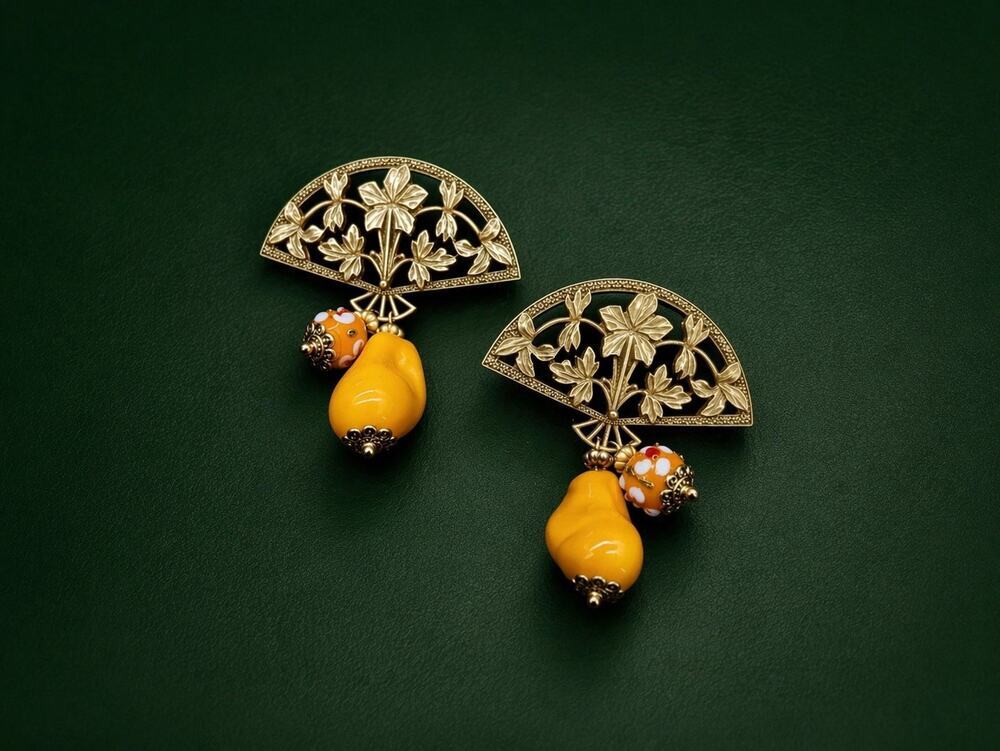 Museum Fan Flower Earrings Art Baroque Antique Chinese Glass Tassel CZ VTG Gold